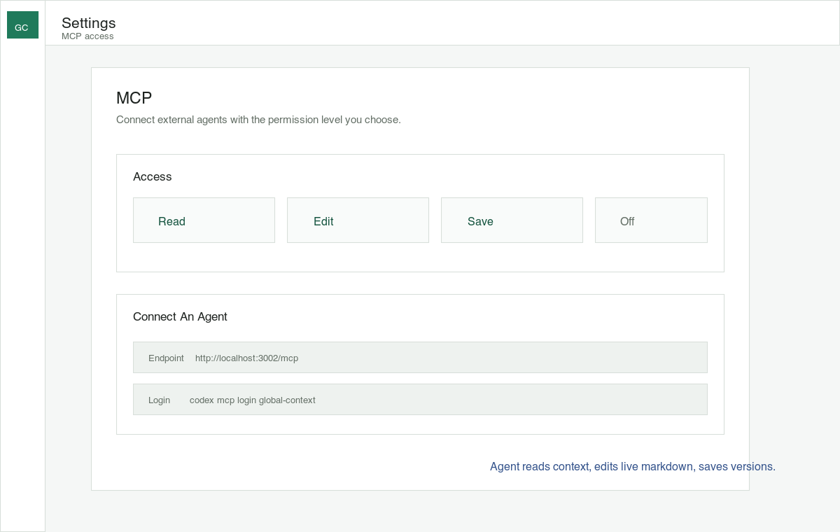 Compoze MCP settings showing access levels and agent connection details.